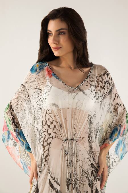 Buy_Reena Sharma_Off White Viscose, Chiffon Sequins, Beads V-neck Advika Abstract Print Kaftan _Online_at_Aza_Fashions