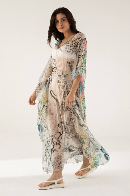Shop_Reena Sharma_Off White Viscose, Chiffon Sequins, Beads V-neck Advika Abstract Print Kaftan _Online_at_Aza_Fashions