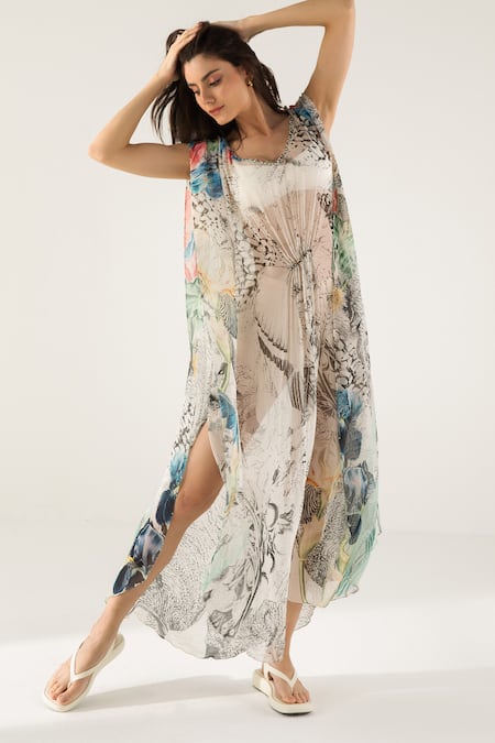 Reena Sharma_Off White Viscose, Chiffon Sequins, Beads V-neck Advika Abstract Print Kaftan _at_Aza_Fashions