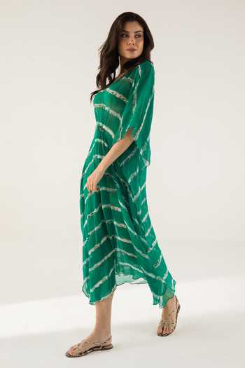 Reena Sharma_Emerald Green Viscose, Chiffon Sequins Advika Abstract Striped Print Kaftan_Online_at_Aza_Fashions