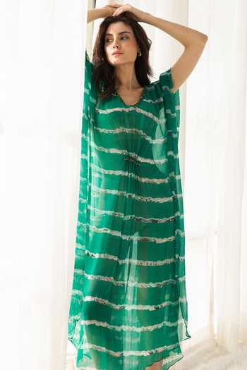 Buy_Reena Sharma_Emerald Green Viscose, Chiffon Sequins Advika Abstract Striped Print Kaftan_Online_at_Aza_Fashions