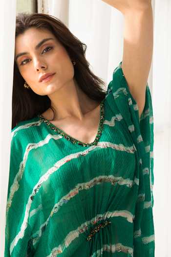 Shop_Reena Sharma_Emerald Green Viscose, Chiffon Sequins Advika Abstract Striped Print Kaftan_Online_at_Aza_Fashions