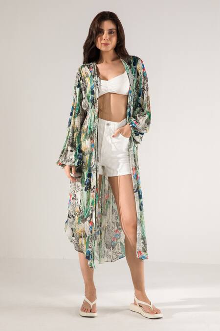 Reena Sharma_Off White Viscose Crinkled Chiffon Printed Abstract Open Neck Advika Overlay_Online_at_Aza_Fashions