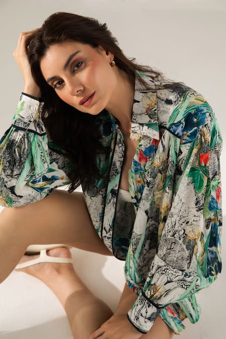 Shop Reena Sharma Off White Cotton Collared Advika Abstract Print Shirt Online at Aza Fashions Shop_Reena Sharma_Off White Cotton Collared Advika Abstract Print Shirt _Online_at_Aza_Fashions