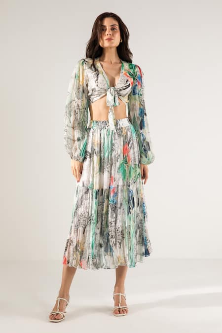 REENA SHARMA Off White Viscose Crinkled Chiffon Printed Advika Crop Top And Tiered Skirt Set 