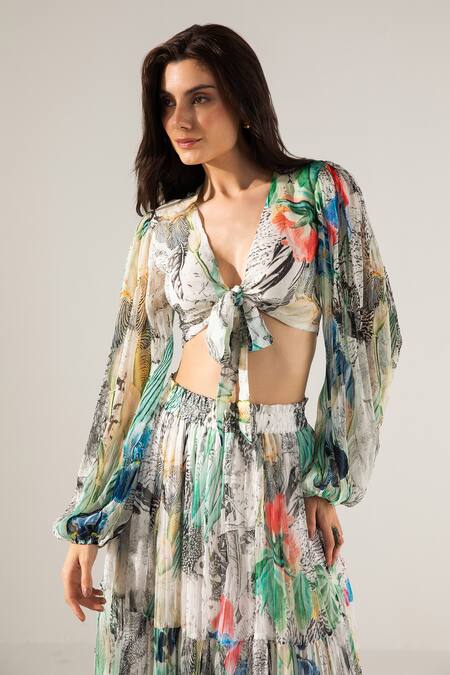 Buy Reena Sharma Off White Chiffon, Viscose Advika Abstract Print Crop Top And Tiered Skirt Set Online at Aza Fashions Buy_Reena Sharma_Off White Chiffon, Viscose Advika Abstract Print Crop Top And Tiered Skirt Set _Online_at_Aza_Fashions