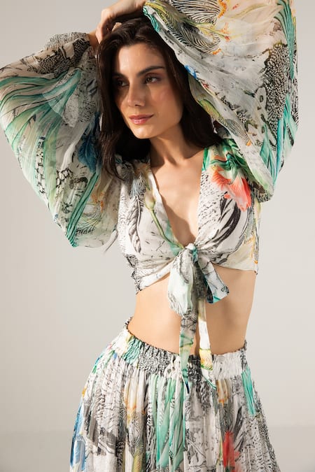 Shop Reena Sharma Off White Chiffon, Viscose Advika Abstract Print Crop Top And Tiered Skirt Set Online at Aza Fashions Shop_Reena Sharma_Off White Chiffon, Viscose Advika Abstract Print Crop Top And Tiered Skirt Set _Online_at_Aza_Fashions