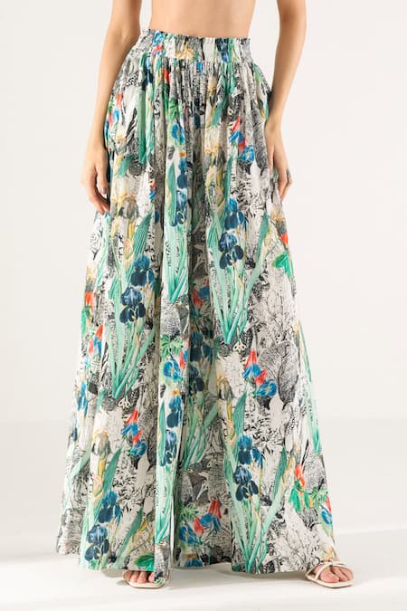 Reena Sharma_Off White Cotton, Crepe Advika Abstract Print Crop Top And Flared Pant Set _Online_at_Aza_Fashions