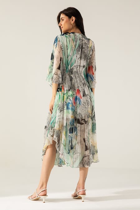 Shop Reena Sharma Off White Cotton, Viscose Sequins, Beads V-neck Advika Abstract Print Dress at Aza Fashions Shop_Reena Sharma_Off White Cotton, Viscose Sequins, Beads V-neck Advika Abstract Print Dress _at_Aza_Fashions