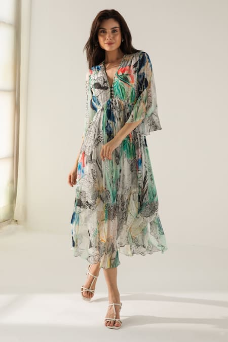 Reena Sharma Off White Cotton, Viscose Sequins, Beads V-neck Advika Abstract Print Dress Online at Aza Fashions Reena Sharma_Off White Cotton, Viscose Sequins, Beads V-neck Advika Abstract Print Dress _Online_at_Aza_Fashions