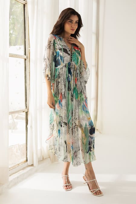 Buy Reena Sharma Off White Cotton, Viscose Sequins, Beads V-neck Advika Abstract Print Dress Online at Aza Fashions Buy_Reena Sharma_Off White Cotton, Viscose Sequins, Beads V-neck Advika Abstract Print Dress _Online_at_Aza_Fashions
