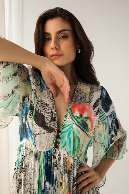 Reena Sharma Off White Cotton, Viscose Sequins, Beads V-neck Advika Abstract Print Dress at Aza Fashions Reena Sharma_Off White Cotton, Viscose Sequins, Beads V-neck Advika Abstract Print Dress _at_Aza_Fashions