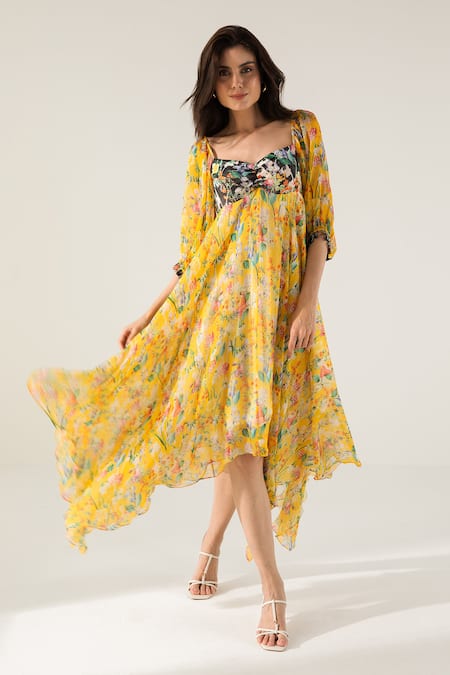 REENA SHARMA Yellow Viscose Crinkled Chiffon Printed Botanical Bella Asymmetric Midi Dress 