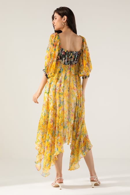 Shop Reena Sharma Yellow Cotton, Viscose Sweetheart Bella Botanical Print Asymmetric Midi Dress at Aza Fashions Shop_Reena Sharma_Yellow Cotton, Viscose Sweetheart Bella Botanical Print Asymmetric Midi Dress _at_Aza_Fashions