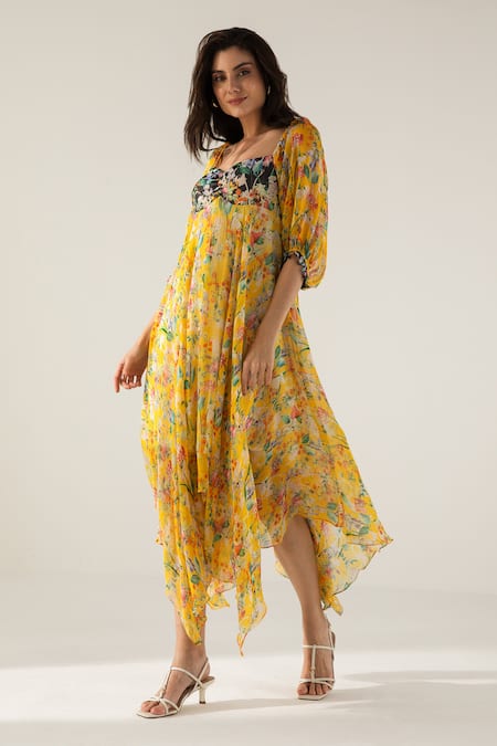 Reena Sharma Yellow Cotton, Viscose Sweetheart Bella Botanical Print Asymmetric Midi Dress Online at Aza Fashions Reena Sharma_Yellow Cotton, Viscose Sweetheart Bella Botanical Print Asymmetric Midi Dress _Online_at_Aza_Fashions