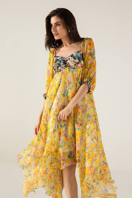 Buy Reena Sharma Yellow Cotton, Viscose Sweetheart Bella Botanical Print Asymmetric Midi Dress Online at Aza Fashions Buy_Reena Sharma_Yellow Cotton, Viscose Sweetheart Bella Botanical Print Asymmetric Midi Dress _Online_at_Aza_Fashions