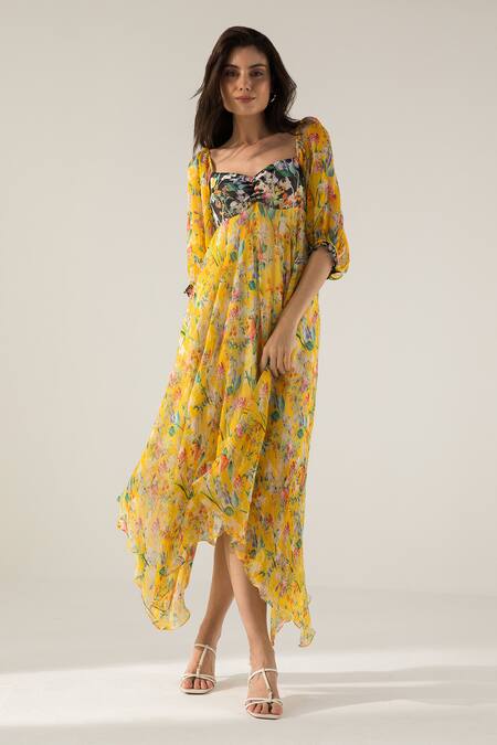 Shop Reena Sharma Yellow Cotton, Viscose Sweetheart Bella Botanical Print Asymmetric Midi Dress Online at Aza Fashions Shop_Reena Sharma_Yellow Cotton, Viscose Sweetheart Bella Botanical Print Asymmetric Midi Dress _Online_at_Aza_Fashions