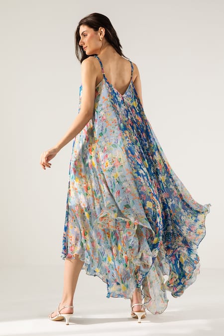 Shop Reena Sharma Blue Cotton, Viscose Beads Bella Botanical Print Asymmetric Maxi Dress at Aza Fashions Shop_Reena Sharma_Blue Cotton, Viscose Beads Bella Botanical Print Asymmetric Maxi Dress _at_Aza_Fashions