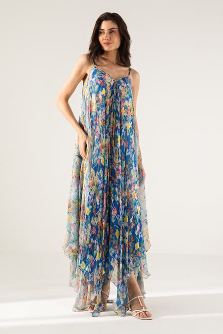 Reena Sharma Blue Cotton, Viscose Beads Bella Botanical Print Asymmetric Maxi Dress Online at Aza Fashions Reena Sharma_Blue Cotton, Viscose Beads Bella Botanical Print Asymmetric Maxi Dress _Online_at_Aza_Fashions