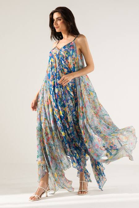 Buy Reena Sharma Blue Cotton, Viscose Beads Bella Botanical Print Asymmetric Maxi Dress Online at Aza Fashions Buy_Reena Sharma_Blue Cotton, Viscose Beads Bella Botanical Print Asymmetric Maxi Dress _Online_at_Aza_Fashions