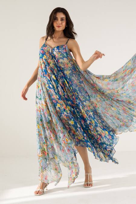 Shop Reena Sharma Blue Cotton, Viscose Beads Bella Botanical Print Asymmetric Maxi Dress Online at Aza Fashions Shop_Reena Sharma_Blue Cotton, Viscose Beads Bella Botanical Print Asymmetric Maxi Dress _Online_at_Aza_Fashions