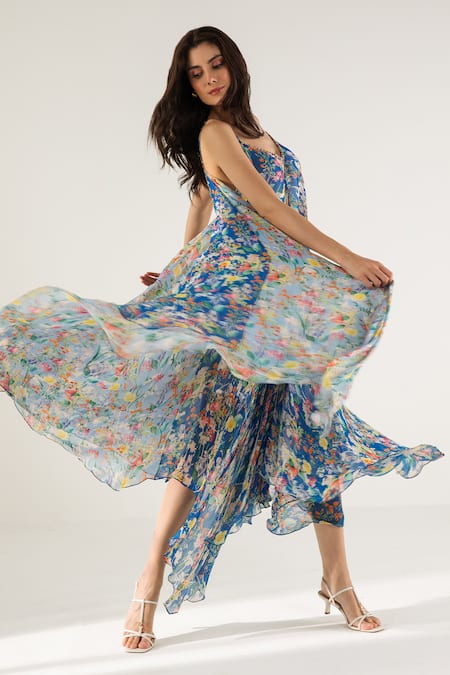 Reena Sharma Blue Cotton, Viscose Beads Bella Botanical Print Asymmetric Maxi Dress at Aza Fashions Reena Sharma_Blue Cotton, Viscose Beads Bella Botanical Print Asymmetric Maxi Dress _at_Aza_Fashions