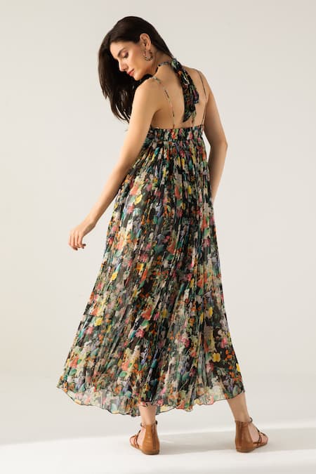 Shop Reena Sharma Black Viscose, Cotton Halter Neck Bella Botanical Print Maxi Dress at Aza Fashions Shop_Reena Sharma_Black Viscose, Cotton Halter Neck Bella Botanical Print Maxi Dress _at_Aza_Fashions