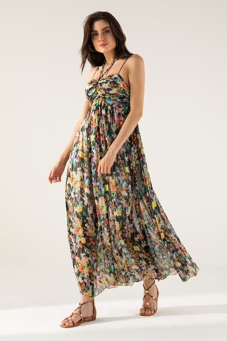 Reena Sharma Black Viscose, Cotton Halter Neck Bella Botanical Print Maxi Dress Online at Aza Fashions Reena Sharma_Black Viscose, Cotton Halter Neck Bella Botanical Print Maxi Dress _Online_at_Aza_Fashions
