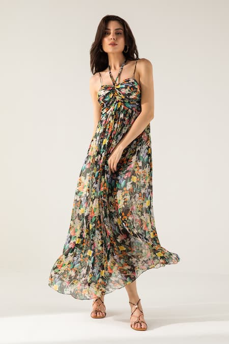Buy Reena Sharma Black Viscose, Cotton Halter Neck Bella Botanical Print Maxi Dress Online at Aza Fashions Buy_Reena Sharma_Black Viscose, Cotton Halter Neck Bella Botanical Print Maxi Dress _Online_at_Aza_Fashions