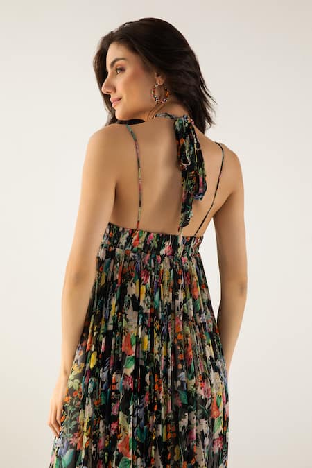 Reena Sharma Black Viscose, Cotton Halter Neck Bella Botanical Print Maxi Dress at Aza Fashions Reena Sharma_Black Viscose, Cotton Halter Neck Bella Botanical Print Maxi Dress _at_Aza_Fashions