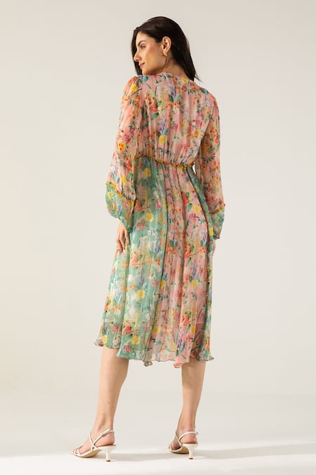 Shop Reena Sharma Pink Viscose, Cotton Beads V-neck Bella Botanical Print Midi Dress at Aza Fashions Shop_Reena Sharma_Pink Viscose, Cotton Beads V-neck Bella Botanical Print Midi Dress _at_Aza_Fashions