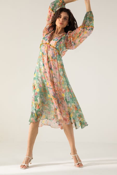 Reena Sharma Pink Viscose, Cotton Beads V-neck Bella Botanical Print Midi Dress Online at Aza Fashions Reena Sharma_Pink Viscose, Cotton Beads V-neck Bella Botanical Print Midi Dress _Online_at_Aza_Fashions