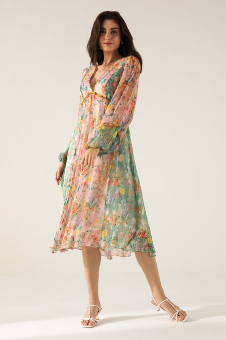 Buy Reena Sharma Pink Viscose, Cotton Beads V-neck Bella Botanical Print Midi Dress Online at Aza Fashions Buy_Reena Sharma_Pink Viscose, Cotton Beads V-neck Bella Botanical Print Midi Dress _Online_at_Aza_Fashions