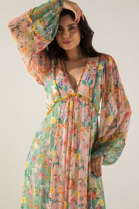 Shop Reena Sharma Pink Viscose, Cotton Beads V-neck Bella Botanical Print Midi Dress Online at Aza Fashions Shop_Reena Sharma_Pink Viscose, Cotton Beads V-neck Bella Botanical Print Midi Dress _Online_at_Aza_Fashions