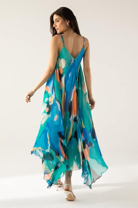 Shop Reena Sharma Blue Viscose, Cotton Embroidery Mira Brushstrokes Print Asymmetric Maxi Dress at Aza Fashions Shop_Reena Sharma_Blue Viscose, Cotton Embroidery Mira Brushstrokes Print Asymmetric Maxi Dress _at_Aza_Fashions