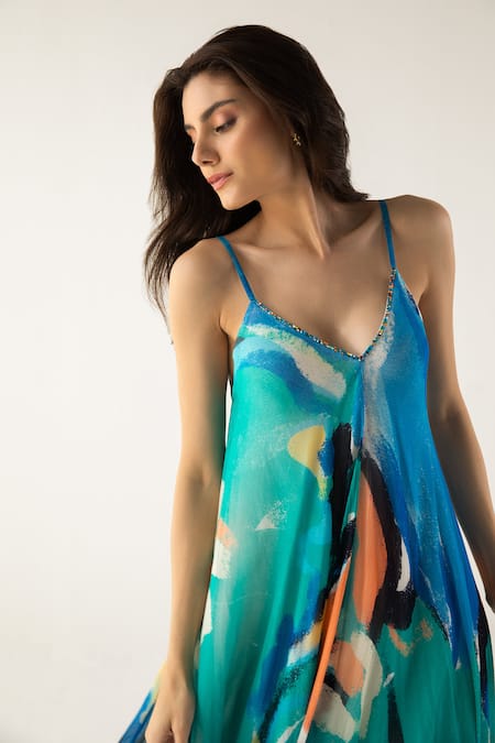 Reena Sharma Blue Viscose, Cotton Embroidery Mira Brushstrokes Print Asymmetric Maxi Dress Online at Aza Fashions Reena Sharma_Blue Viscose, Cotton Embroidery Mira Brushstrokes Print Asymmetric Maxi Dress _Online_at_Aza_Fashions