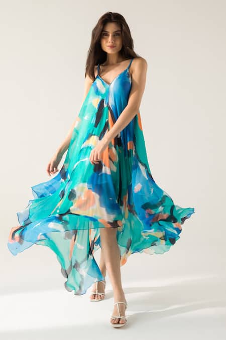 Buy Reena Sharma Blue Viscose, Cotton Embroidery Mira Brushstrokes Print Asymmetric Maxi Dress Online at Aza Fashions Buy_Reena Sharma_Blue Viscose, Cotton Embroidery Mira Brushstrokes Print Asymmetric Maxi Dress _Online_at_Aza_Fashions