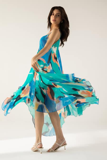 Shop Reena Sharma Blue Viscose, Cotton Embroidery Mira Brushstrokes Print Asymmetric Maxi Dress Online at Aza Fashions Shop_Reena Sharma_Blue Viscose, Cotton Embroidery Mira Brushstrokes Print Asymmetric Maxi Dress _Online_at_Aza_Fashions