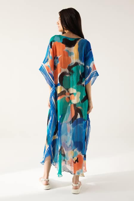 Shop Reena Sharma Blue Viscose, Chiffon Beads V-neck Mira Printed Kaftan at Aza Fashions Shop_Reena Sharma_Blue Viscose, Chiffon Beads V-neck Mira Printed Kaftan _at_Aza_Fashions