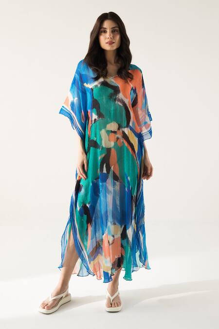 Reena Sharma Blue Viscose, Chiffon Beads V-neck Mira Printed Kaftan Online at Aza Fashions Reena Sharma_Blue Viscose, Chiffon Beads V-neck Mira Printed Kaftan _Online_at_Aza_Fashions
