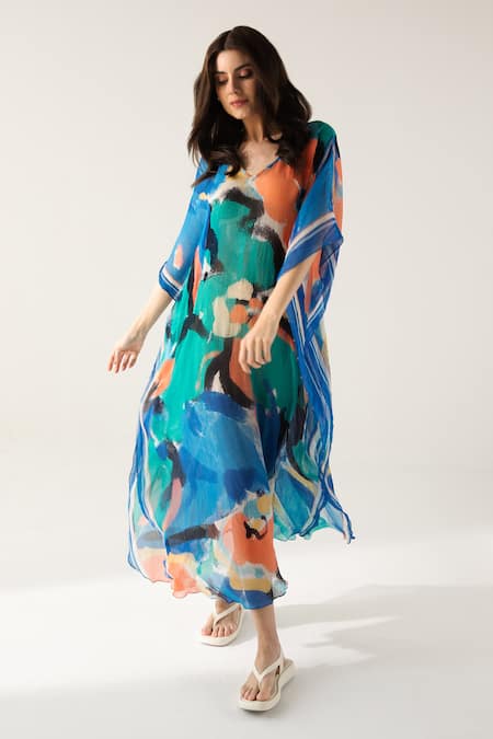 Buy Reena Sharma Blue Viscose, Chiffon Beads V-neck Mira Printed Kaftan Online at Aza Fashions Buy_Reena Sharma_Blue Viscose, Chiffon Beads V-neck Mira Printed Kaftan _Online_at_Aza_Fashions