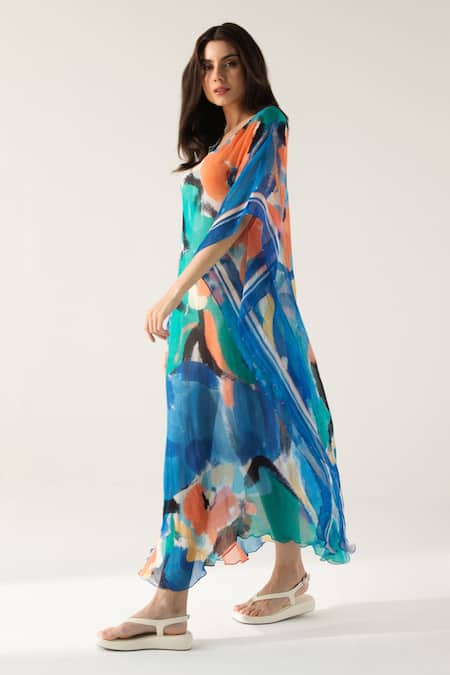 Shop Reena Sharma Blue Viscose, Chiffon Beads V-neck Mira Printed Kaftan Online at Aza Fashions Shop_Reena Sharma_Blue Viscose, Chiffon Beads V-neck Mira Printed Kaftan _Online_at_Aza_Fashions