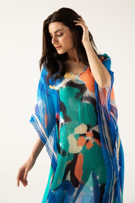 Reena Sharma Blue Viscose, Chiffon Beads V-neck Mira Printed Kaftan at Aza Fashions Reena Sharma_Blue Viscose, Chiffon Beads V-neck Mira Printed Kaftan _at_Aza_Fashions