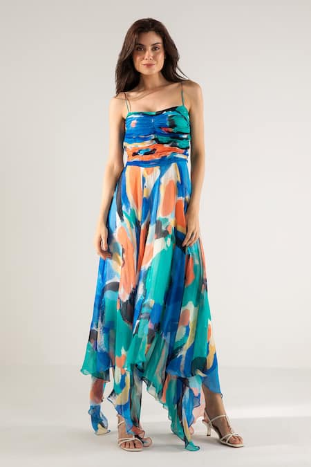 REENA SHARMA Blue Viscose Crinkled Chiffon Printed Abstract Mira Asymmetric Maxi Dress 