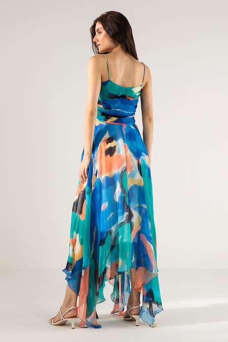 Shop Reena Sharma Blue Cotton, Viscose Beads, Embroidery Mira Printed Asymmetric Maxi Dress at Aza Fashions Shop_Reena Sharma_Blue Cotton, Viscose Beads, Embroidery Mira Printed Asymmetric Maxi Dress _at_Aza_Fashions