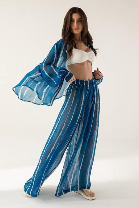 Reena Sharma_Blue Viscose, Chiffon Beads Collared Mira Striped Print Shirt And Pant Set _Online_at_Aza_Fashions