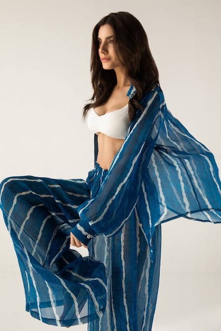 Buy_Reena Sharma_Blue Viscose, Chiffon Beads Collared Mira Striped Print Shirt And Pant Set _Online_at_Aza_Fashions