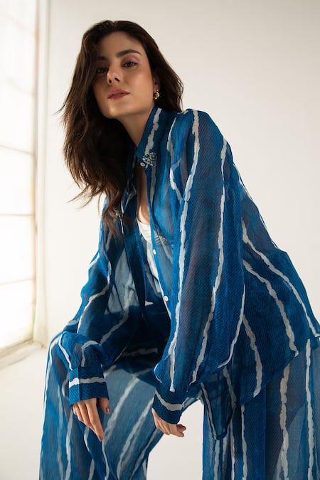 Shop_Reena Sharma_Blue Viscose, Chiffon Beads Collared Mira Striped Print Shirt And Pant Set _Online_at_Aza_Fashions