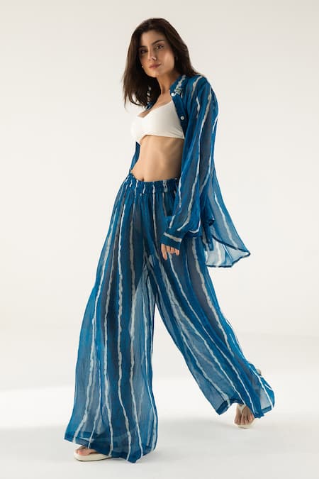 Reena Sharma_Blue Viscose, Chiffon Beads Collared Mira Striped Print Shirt And Pant Set _at_Aza_Fashions