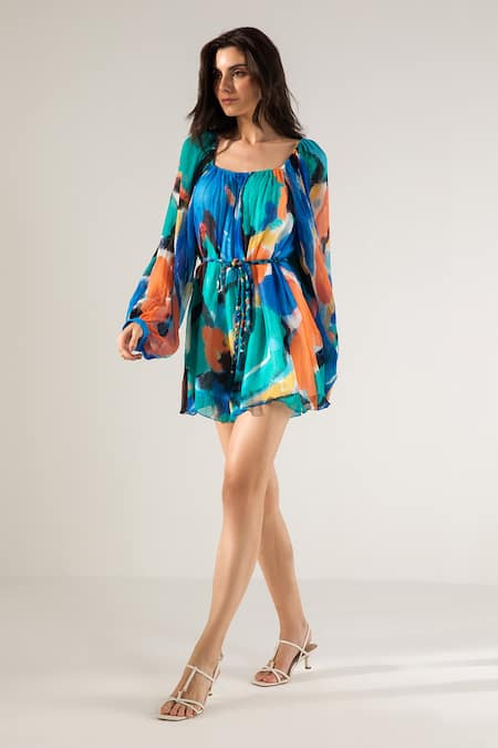 Reena Sharma Blue Viscose, Cotton Round Neck Mira Printed Short Dress Online at Aza Fashions Reena Sharma_Blue Viscose, Cotton Round Neck Mira Printed Short Dress _Online_at_Aza_Fashions